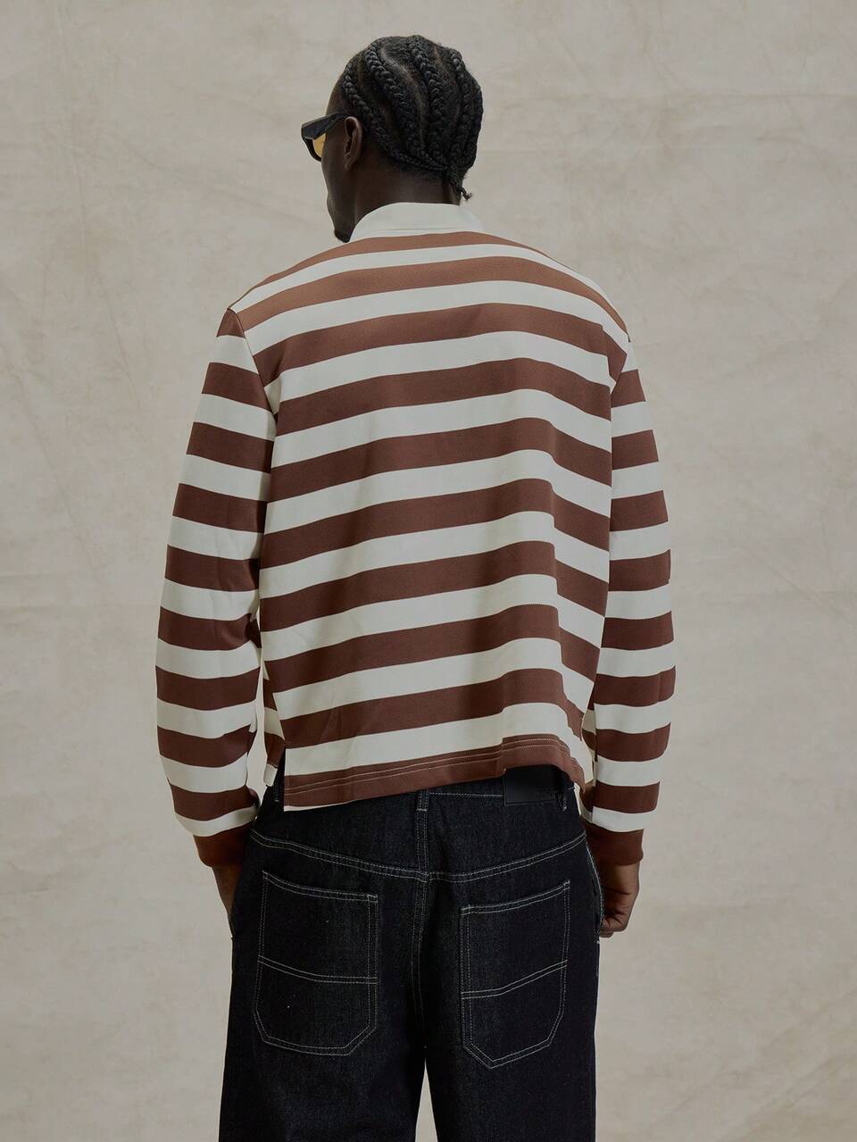 Long Sleeve Regular Fit Collared Contrast Panel Striped Polo Hidden Placket Top Spring Summer Essentials