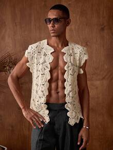 AKNOTIC Business Casual 男士针织钩编花卉图案宽松无袖针织背心，适合夏季、度假、休闲穿着、派对、情侣装，男士礼物 - 白色 - 查看 6