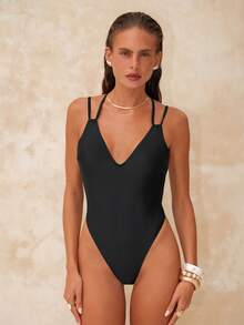 Swim Chiccia 女士新款纯色深V领露背性感连体泳衣 - 黑色 - 查看 4