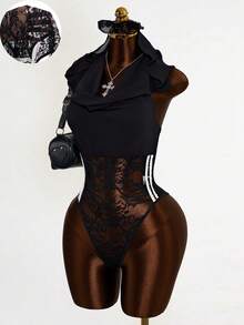 Mistrie Áo liền thân nữ thời trang gợi cảm, phối ren, xuyên thấu, hở lưng, có mũ trùm đầu, thích hợp cho mùa hè. - màu đen - Xem 7