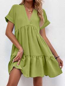 SHEIN LUNE Einfarbiges Kleid mit V-Ausschnitt, Rüschensaum, lässig und vielseitig, Kurzarm - Olivgrün - Übersicht 6