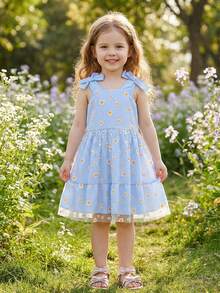 Toddler Girls' Blue Daisy Print Mesh Striped Sleeveless Bow Tie Waist Princess Dress, Summer Beach Holiday Outdoor Play - Blue - View 1