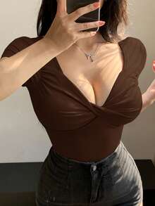 DAZY Women V-Neck Twist Hem Short Sleeve Fitted Crop Top Going Out Tops Women - Brown - View 2