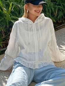 DAZY Women's Solid Color Textured Hooded Loose Long Sleeve Lace Patchwork Casual Vacation Sun Protection Spring/Summer Jacket - White - View 7