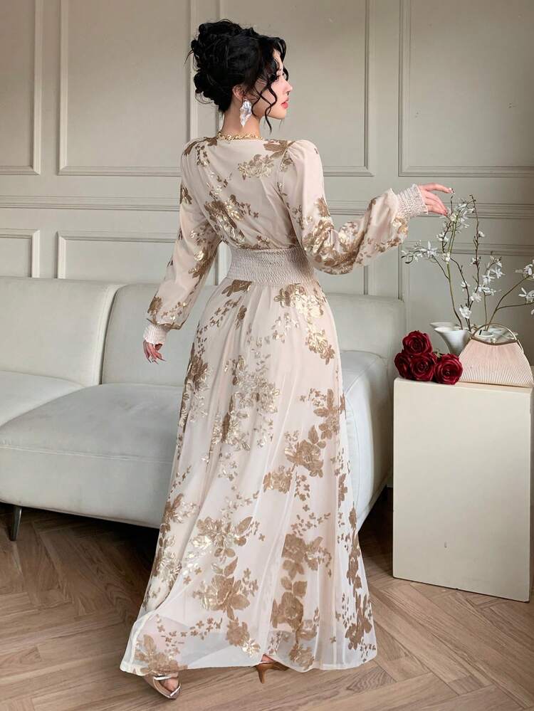 Sequin Floral Cabled Waist V-Neck Puff Sleeve Maxi Elegant Party Dress For Women, Spring/Summer Sundress