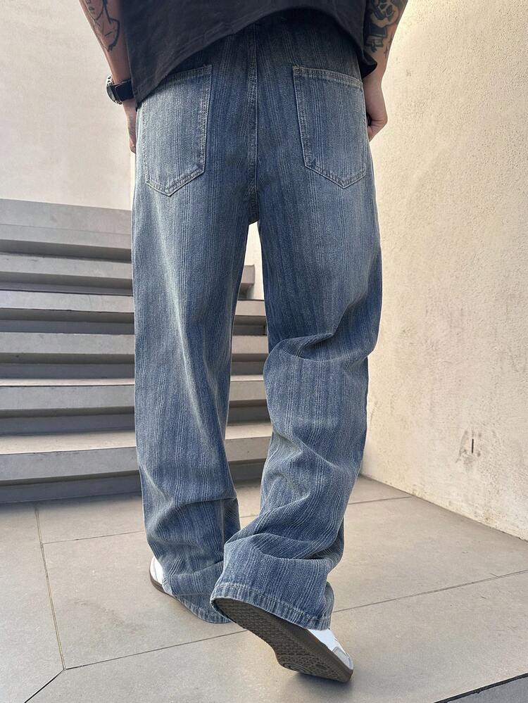 Men's Spring Solid Blue Washed Striped Fabric Elastic Waist Jeans