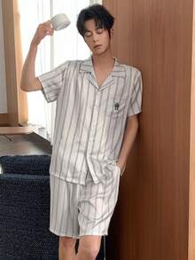 DAZY Summer Striped Multicolor Short Sleeve Shirt Paired With Patterned Embroidered Shorts Men Pajama Set - Multicolor - View 5