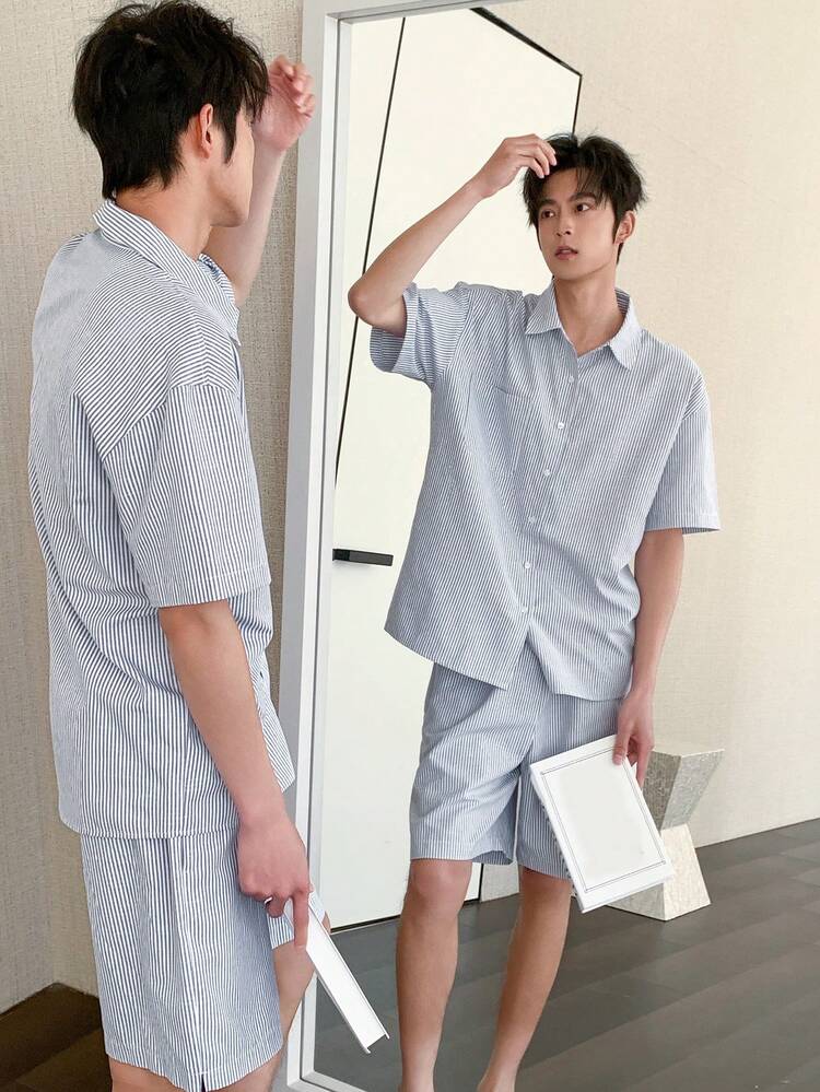 Men's Striped Short Sleeve Top And Shorts Pajama Set, Summer