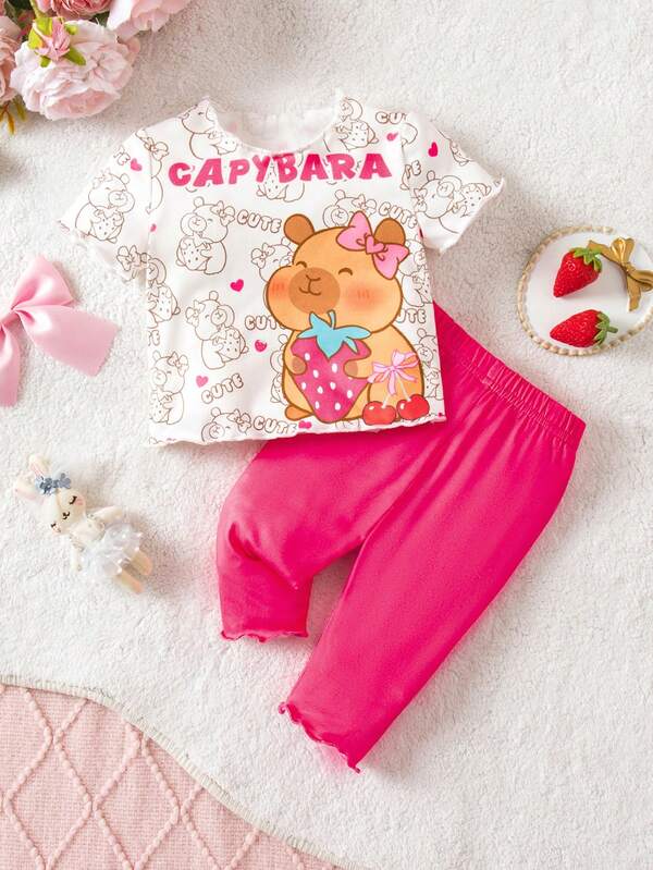 SHEIN The 2-Piece Newborn Casual, Simple, And Versatile All-Over Print Crew Neck T-Shirt And Trousers Set Is Perfect For Spring And Summer.