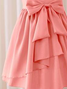 Glamorique Kids 年轻女孩优雅高档酒红色缎面蝴蝶结装饰泡泡袖连衣裙，正式场合穿着 - 粉色 - 查看 6