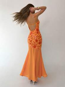 Aloruh 女士新款纯橙色亮片刺绣雪纺吊带修身长裙，性感垂褶领口，适合派对、婚礼、海滩、度假、晚宴、约会等场合 - 橘色 - 查看 3
