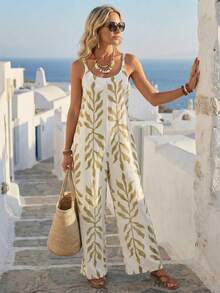 EMERY ROSE 女士植物印花圆领无袖休闲宽松连体裤 - 黃色 - 查看 3