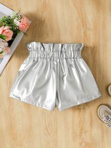 SHEIN 少女PU皮革褶皱休闲百搭日常短裤 - 銀色 - 查看 2