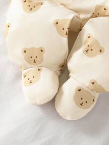 新生儿长袖开衫和连脚裤套装（2件套），可爱小熊印花，针织面料家居服 - 卡其色 - 查看 3