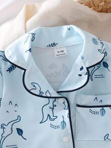 SHEIN Vintaside Kids Pijama de una pieza para recién nacidos e infantes, con estampado de dinosaurios de dibujos animados y cordón, de tela suave y cómoda - Azul - Ver 3