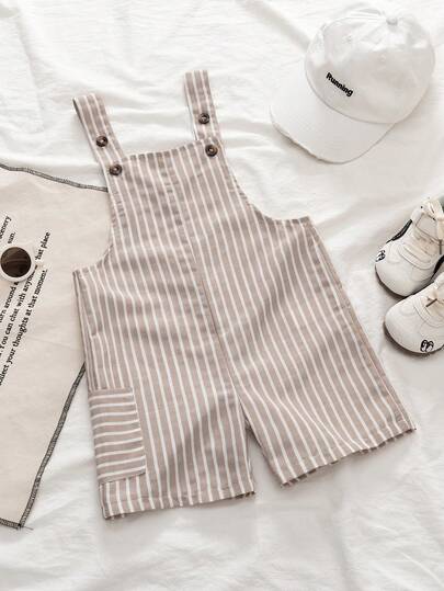 SHEIN Toddler Boys' Striped Casual Retro Minimalist Comfortable Versatile Bib Pants, Summer
