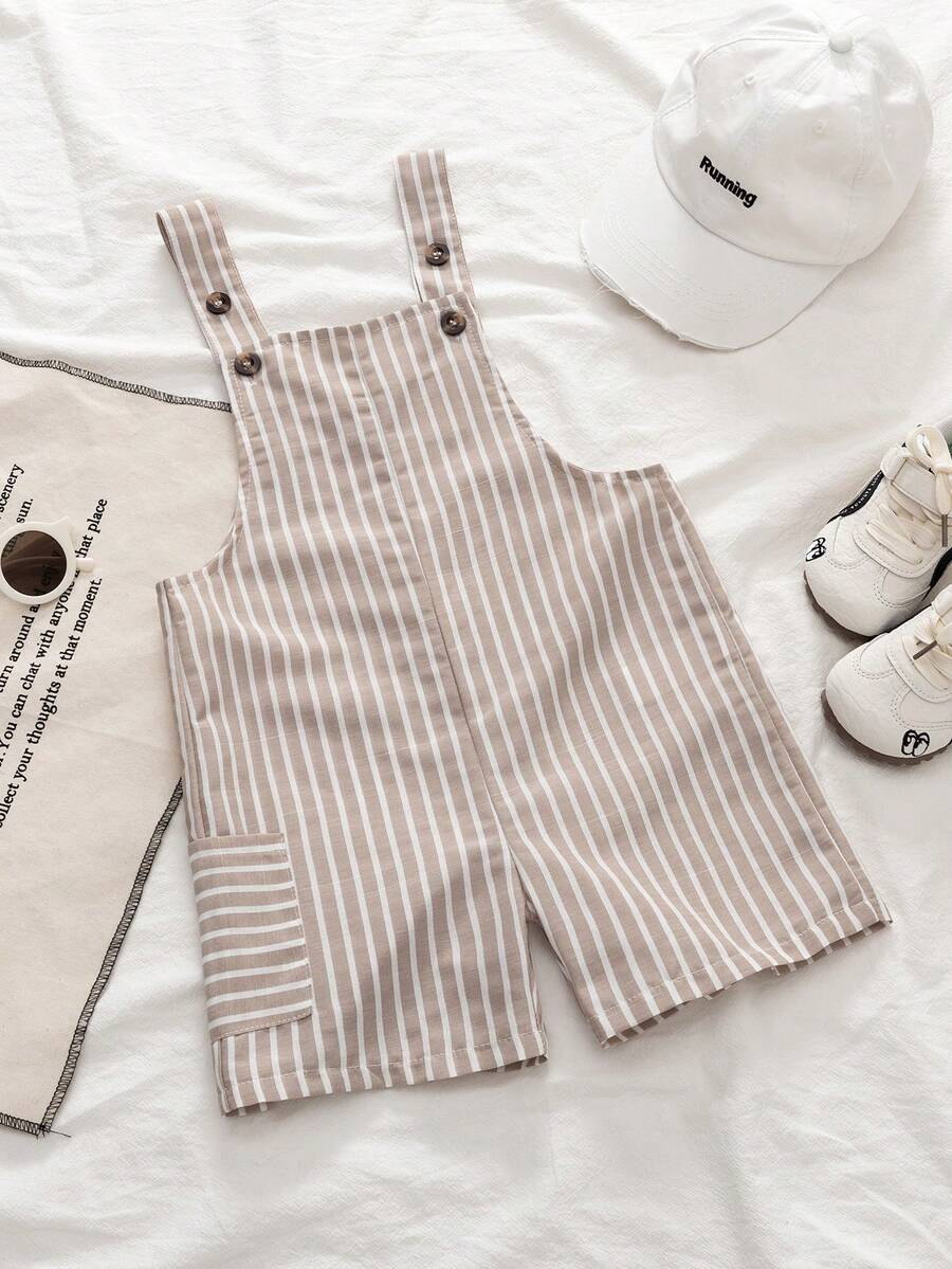 SHEIN Toddler Boys' Striped Casual Retro Minimalist Comfortable Versatile Bib Pants, Summer - Khaki - View 1