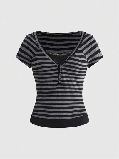 ROMWE Grunge Punk Vintage College Style Black & Gray Striped Contrast Color Tight Fit T-Shirt