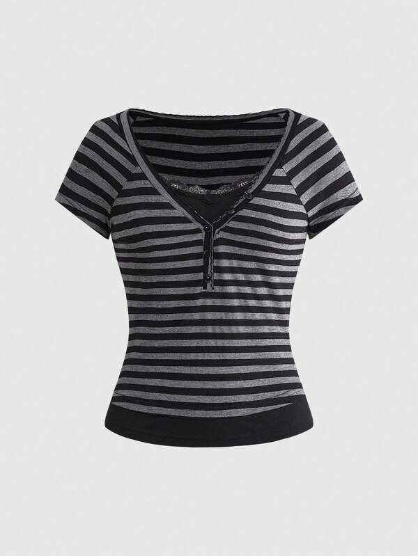 ROMWE Grunge Punk Vintage College Style Black & Gray Striped Contrast Color Tight Fit T-Shirt