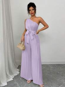 Elenzga Elegant Solid Color Ruched Waist One-Shoulder Jumpsuit For Women - Mauve Purple - View 3