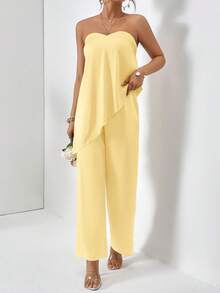 Firerie Conjunto de 2 piezas de top bandeau y pantalones con dobladillo asimétrico de unicolor para mujer - Amarillo claro - Ver 3