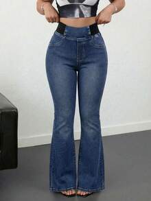 SHEIN Tall 女士休闲修身弹力喇叭裤 蓝色修身牛仔裤 高腰喇叭裤 高个女士牛仔裤 夏季 - 中等水洗藍 - 查看 5