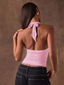 SHEIN BAE Atasan Wanita Modis Seksi Warna Polos Tanpa Lengan dengan Desain Halter dan Punggung Terbuka, Atasan Musim Panas - Baby Pink - View 2