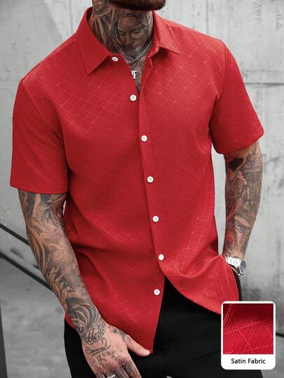 Manfinity CasualCool Men's Solid Color Front Button Placket Jacquard Short Sleeve Shirt Men Shirts Streetwear Shirts For Men Red Men's Textured Shirt Men's Button Shirts Summer Men's Short Sleeve Button Ups Old Money,Daily Leisure, Weekend Trips, Outdoor Activities, Travel Expeditions, Relaxed Work Environments Or Semi-Formal Occasions, Boyfriend/Husband Gift, Anniversary /Birthday Gift Party Summer Vacation Holiday New Years Wedding Valentine's Day