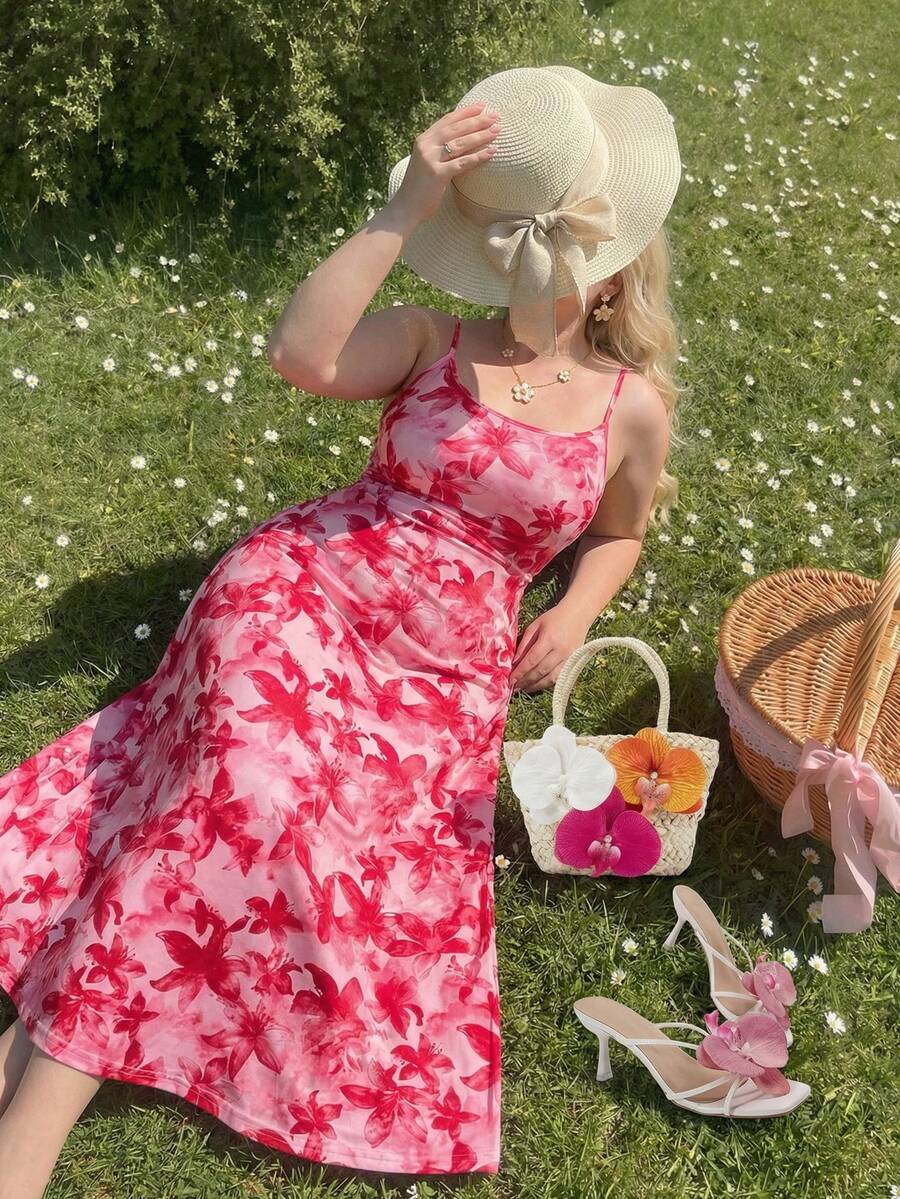 SHEIN MOD Plus Size Women's Rose Pink Floral Print Maxi Dress Ruched Waist Flared Hem Spaghetti Strap Dress,Semi Formal Dress,Elegant Tea Party Dress,Flowy Cruise Women Outfits/Valentine's DaySpring/Summer Holiday Party Outfits & New Year Outfits.Spring And Summer Vacation Outfits.Spring And Summer In Bohemia - Multicolor - View 1