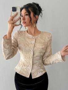 DAZY Women's Elegant Floral Textured Round Neck Lightweight Jacket, Spring - Gold - View 6