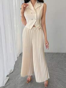 DAZY 女士休闲纯色西装领背心和阔腿裤两件套，夏季 - 杏色 - 查看 3