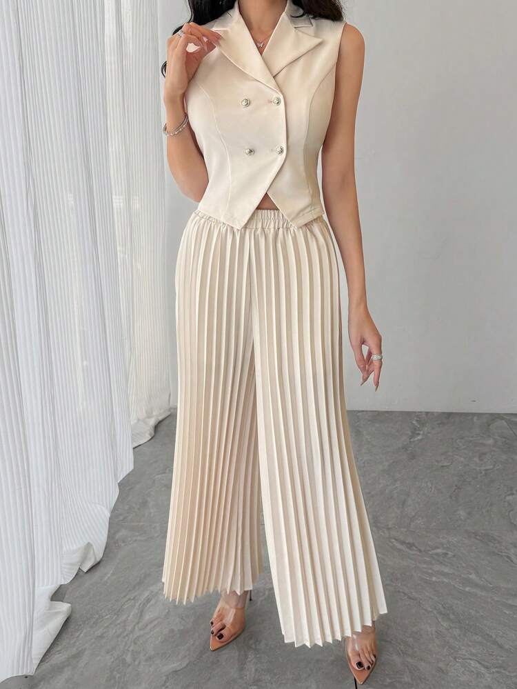 DAZY Women's Casual Plain Suit Collar Vest & Wide Leg Pants 2 Pieces Set, Summer,Women Lounge Sets For Women - Apricot - View 3