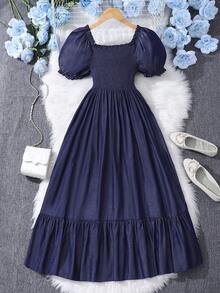 SHEIN 少女纯色泡泡袖蝴蝶结休闲夏日连衣裙 - 藏蓝色 - 查看 2