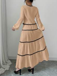 Rafferiza 2件套 法式优雅灯笼袖荷叶边蝴蝶结上衣和裙子 - 卡其色 - 查看 2