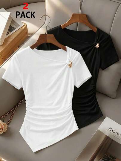 Teen GirlMulti-Color Asymmetric Neck Ruched Waist + Metal Buckle Asymmetrical Short Sleeve T-Shirt, Suitable For Spring/Summer Wear, Unique Asymmetric Neckline Design, Ruched Waist, Metal Buckle Accent, Showcasing Stylish Personalized, Suitable For Daily, Party, Campus And Other Occasions