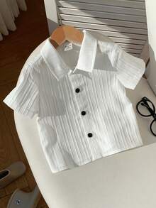 SHEIN 男女宝宝白色短袖翻领梭织休闲度假上衣，春夏男宝宝服装 - 白色 - 查看 3