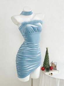 Elamini 女士迷你连衣裙，黑色天鹅绒拼接，毛绒褶皱修身不对称下摆，领口系带，性感百搭，适合圣诞节、约会、派对等场合。 - 淺藍色 - 查看 5