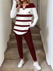EMERY ROSE 2pcs/Set Women Plus Size Red Striped Long Sleeve T-Shirt And Leggings Set, Autumn/Winter - Multicolor - View 3