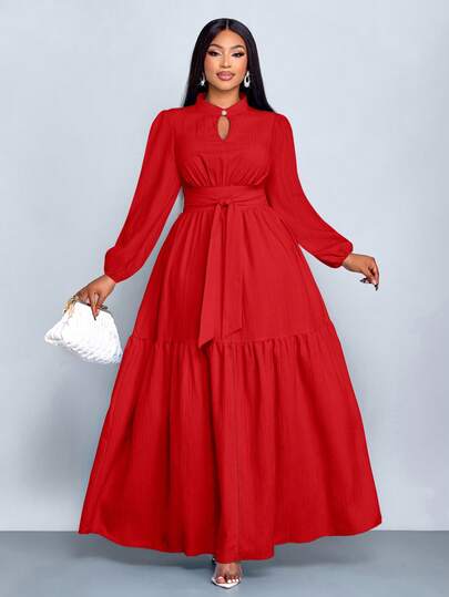 SOLERSUN 大码女装时尚纯色宽松休闲立领前开衩水滴形纽扣高端设计系带修身A字长连衣裙，优雅、舒适、休闲时尚的通勤连衣裙