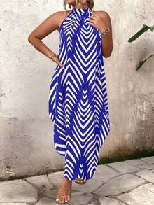 EMERY ROSE Đầm cổ yếm kẻ sọc thời trang thường ngày dành cho nữ cỡ lớn đi nghỉ mát - Xanh đậm - Xem 1