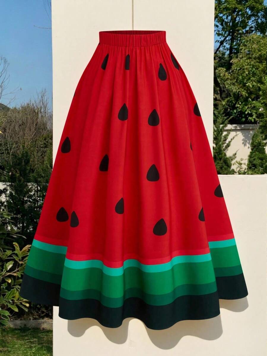 Sweetra Plus Size Colorblock All-Over Print Elastic Waist Casual Fashionable Skirt - Black - View 1