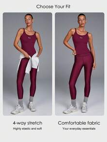 Menodora SHEIN Sport Women's Burgundy Ribbed Berry Performance Cami Top, Summer Athletic Slim-Fit Scoop Neck Spaghetti Straps, Breathable Stretch Knit For Gym & Studio Workouts - Purple - View 1