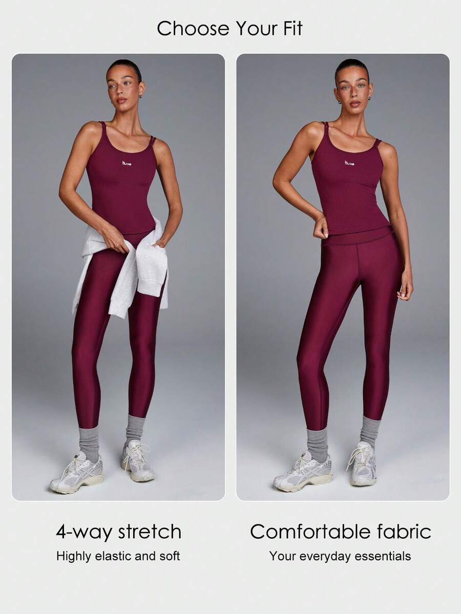 Menodora SHEIN Sport Women's Burgundy Ribbed Berry Performance Cami Top, Summer Athletic Slim-Fit Scoop Neck Spaghetti Straps, Breathable Stretch Knit For Gym & Studio Workouts - Purple - View 1