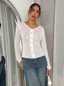 Glamine Cárdigan de punto con diseño calado de unicolor casual, primavera/verano - Blanco - Ver 4