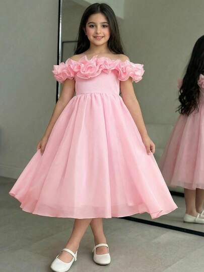 SHEIN Tween Girl Elegant One-Shoulder Ruffle Hem Peplum Dress