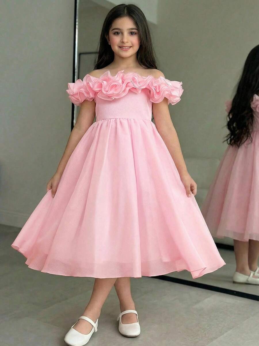 SHEIN Tween Girl Elegant One-Shoulder Ruffle Hem Peplum Dress - Black - View 1