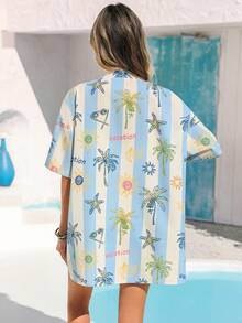 Vivid Eden Women's Vacation Summer Blue Leaf Print Kimono Shirt & Shorts 2 Pieces Beach Set - Multicolor - View 2