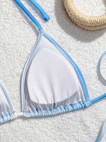 Swim Mod Conjunto de bikini de mujer con bordado floral degradado, con atar en el cuello, cuentas, traje de baño triangular para playa y vacaciones - Multicolor - Ver 5