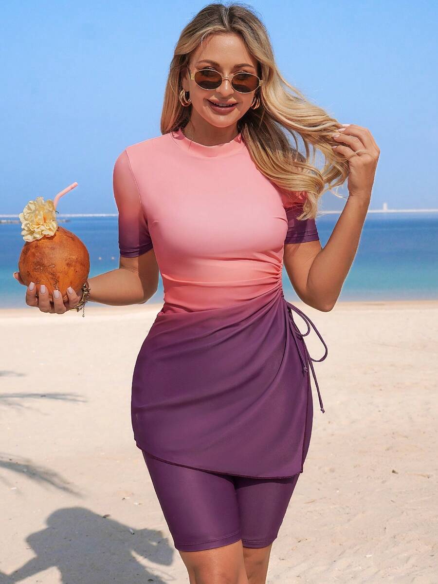 Swim Mulvari Knitted Holiday Party Outgoing Beach New Year Dress, Sexy Beach Dress With Digital Printing Flyaway Gradient, Winter Christmas Two Pieces Viral No Underwire Elegant Summer Women Burkini Middle East Burkini Set Swimwear - Multicolor - View 1