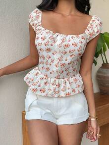 SHEIN SunnyBelle 女士甜美可爱优雅碎花拼接荷叶边下摆短袖露脐上衣，休闲百搭，适合日常穿着、度假、聚会。是夏季度假的完美之选。 - 彩色 - 查看 7